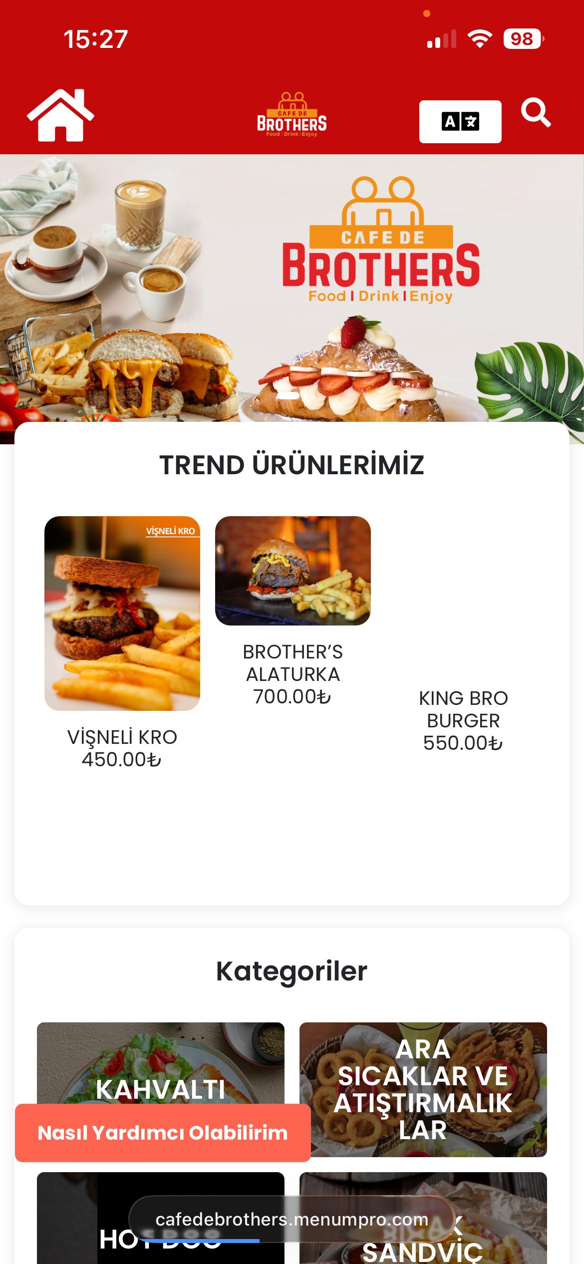 CAFE DE BROTHERS Dijital QR Menü Tasarımı ve Örneği