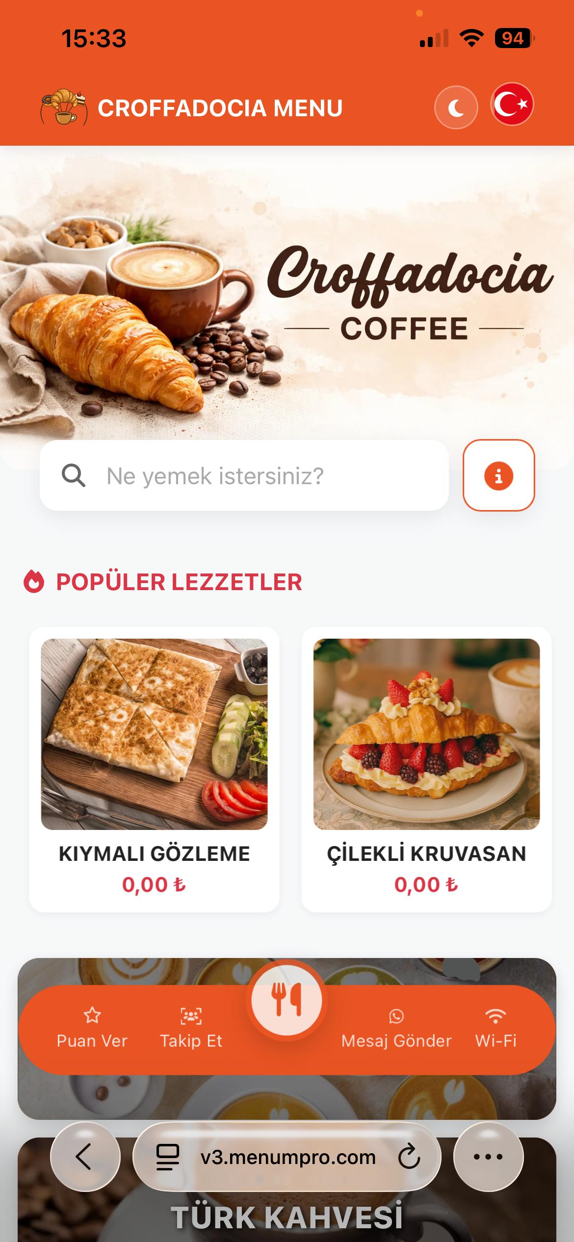 CROFFADOCIA COFFEE Dijital QR Menü Tasarımı ve Örneği