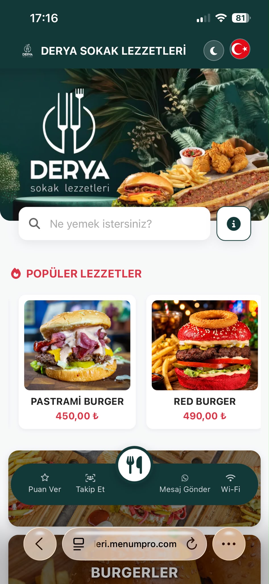 DERYA SOKAK LEZZETLERİ Dijital QR Menü Tasarımı ve Örneği