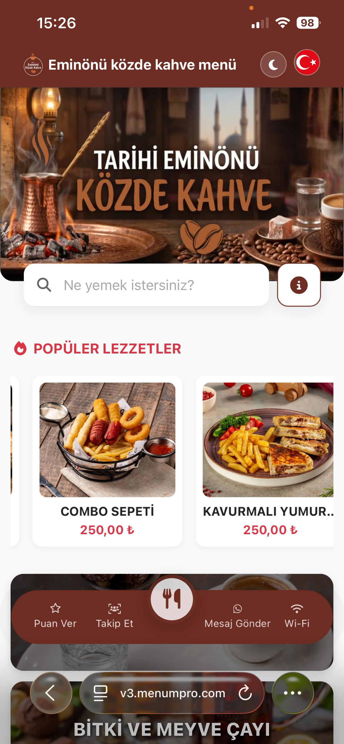 EMİNÖNÜ KÖZDE KAHVE Dijital QR Menü Tasarımı ve Örneği