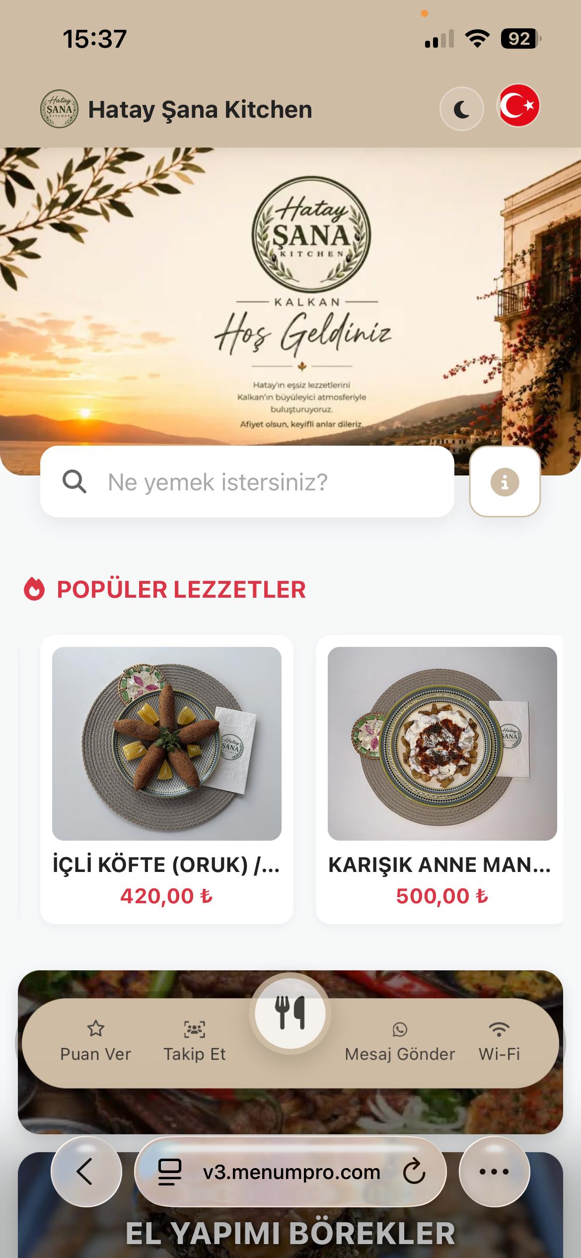 HATAY ŞANA KİTCHEN Dijital QR Menü Tasarımı ve Örneği