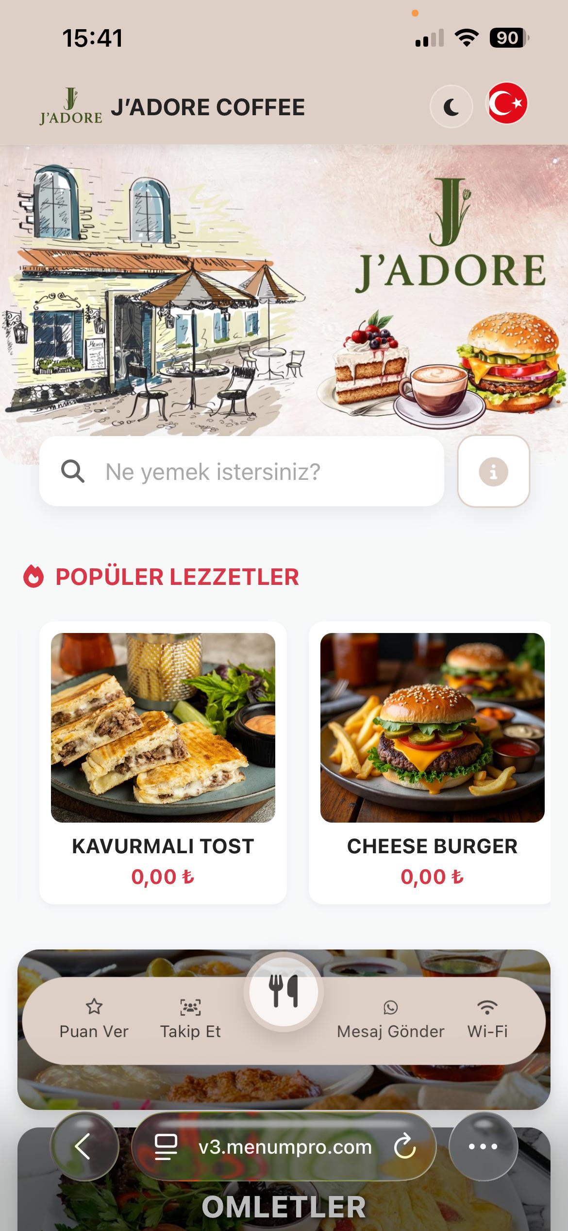 J’ADORE COFFEE Dijital QR Menü Tasarımı ve Örneği