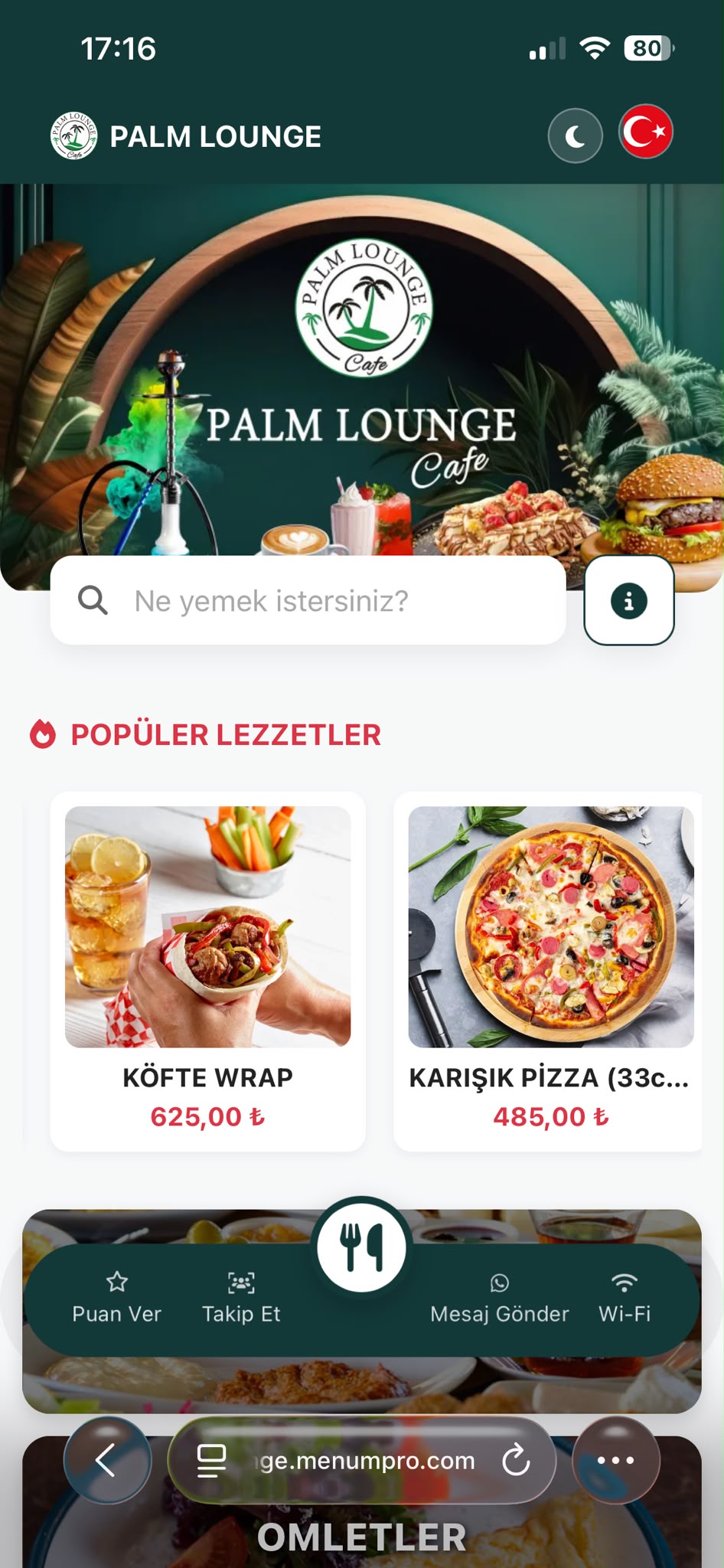 PALM LOUNGE Dijital QR Menü Tasarımı ve Örneği