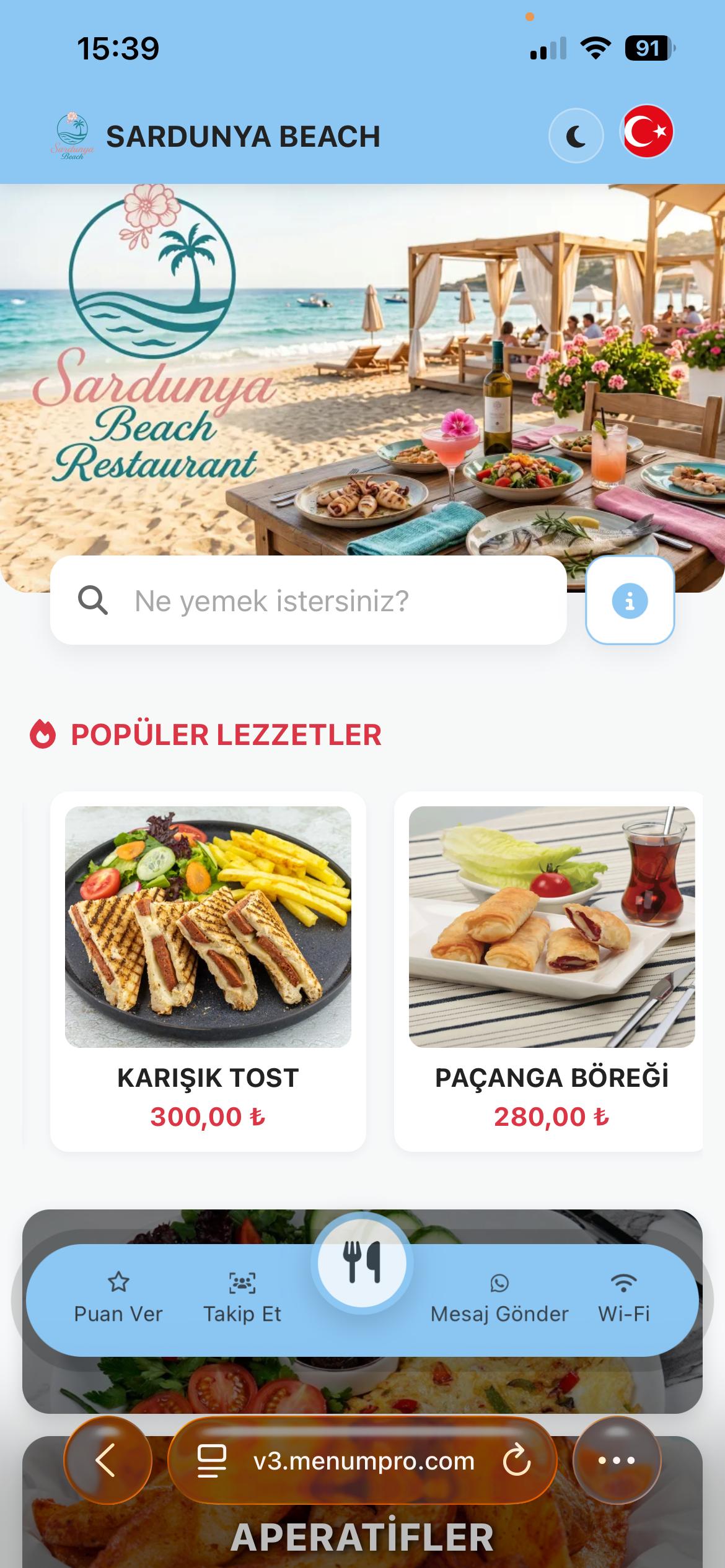 SARDUNYA BEACH Dijital QR Menü Tasarımı ve Örneği