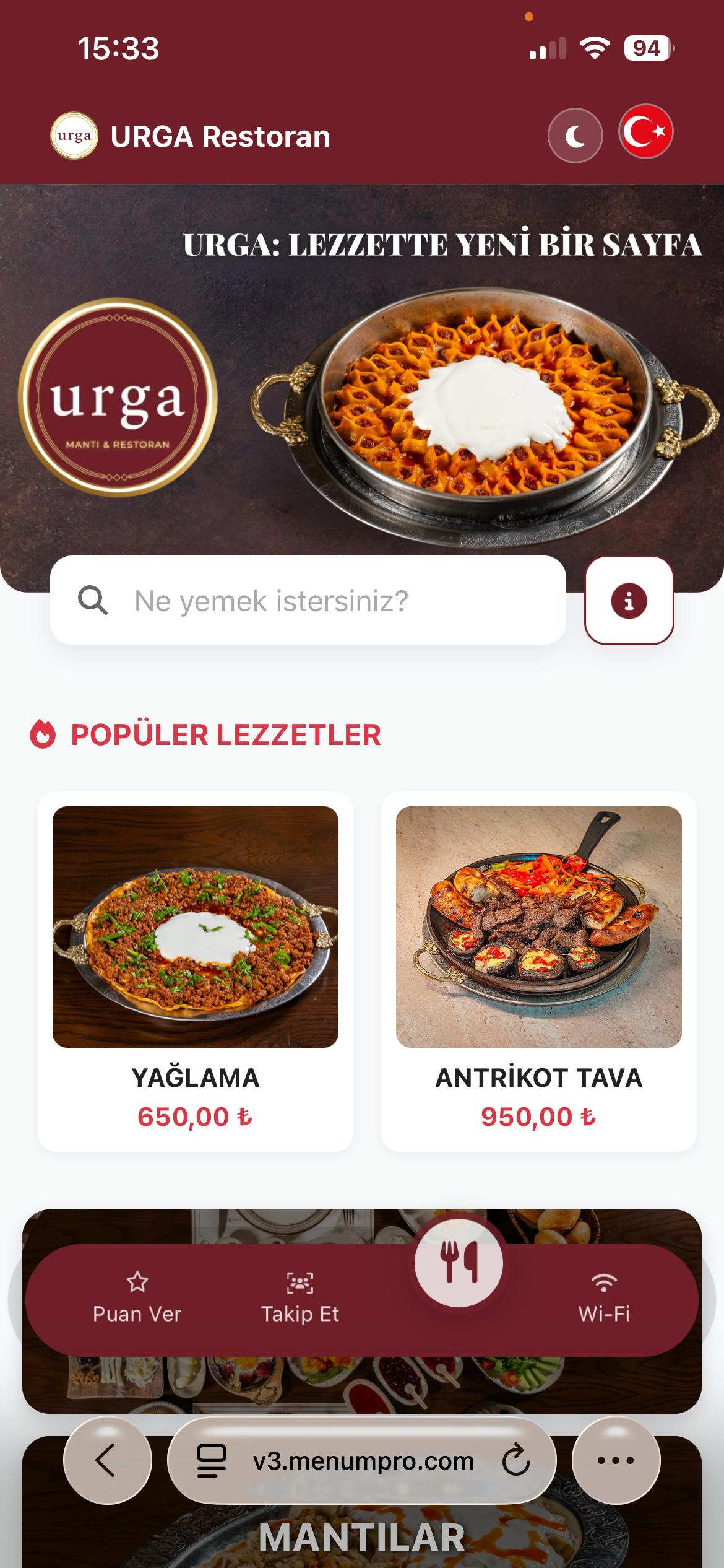 URGA MANTI Dijital QR Menü Tasarımı ve Örneği